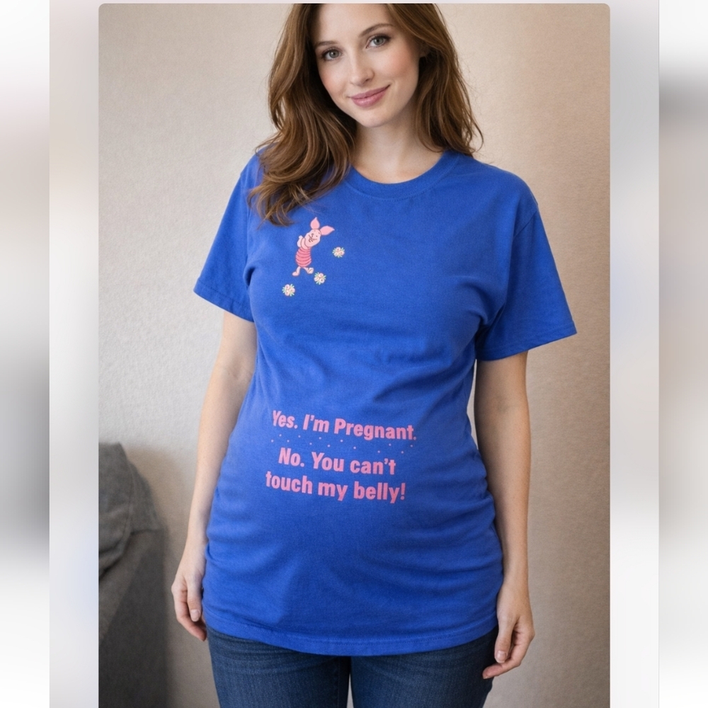 Blue Maternity T-Shirt with Pink Text